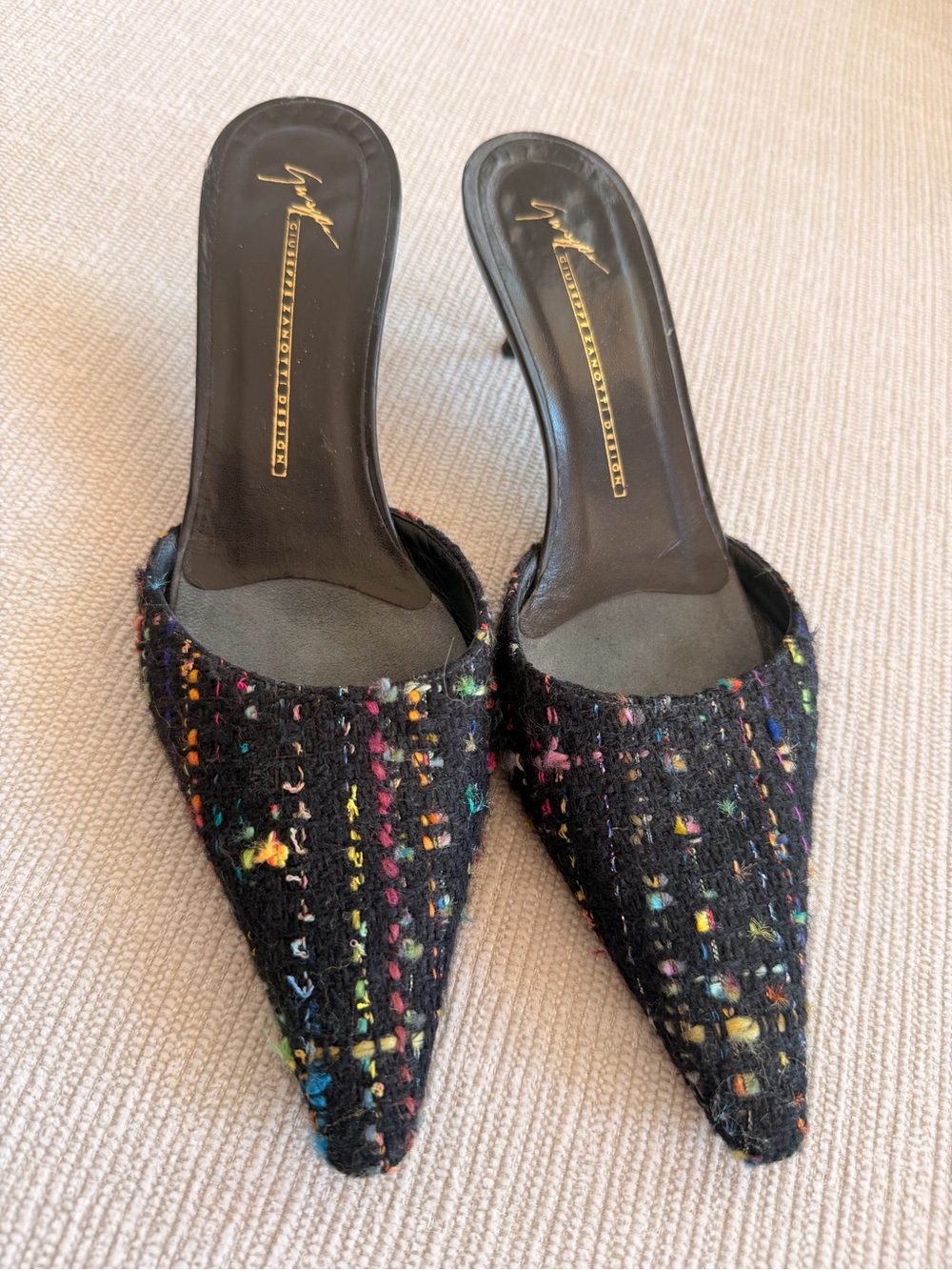 Guiseppe Zanotti Vicini Black Tweed Pointed-Toe Mule with Multicolor Flecks